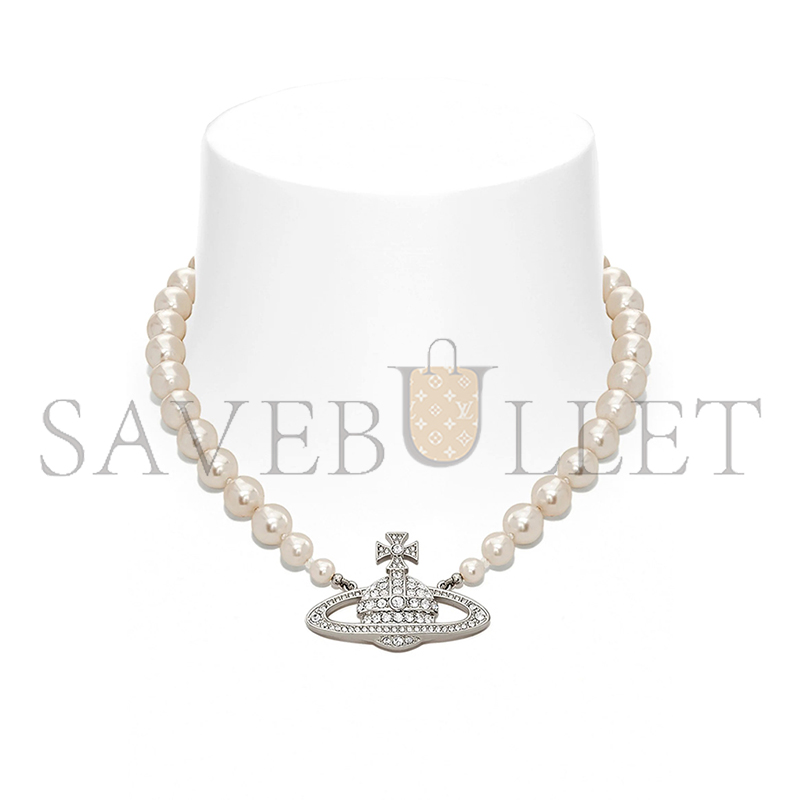 VIVIENNE WESTWOOD PLATINUM PLATED ONE ROW PEARL BAS RELIEF CHOKER NECKLACE 